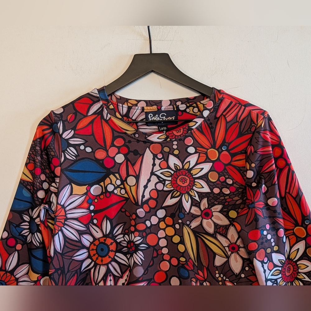 Lesley Evers Retro Floral Shift Dress Large 3/4 Sleeve Mod Print Bold Whimsical - Picture 4 of 5
